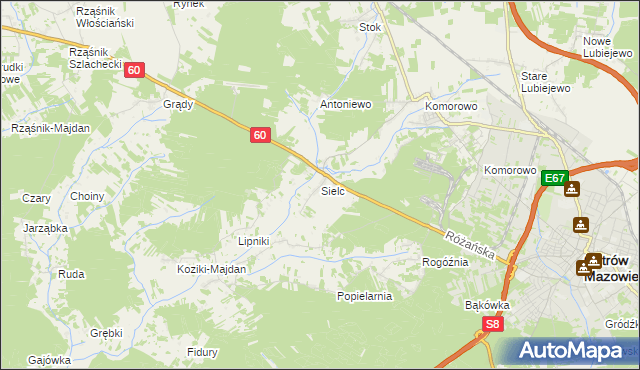 mapa Sielc gmina Ostrów Mazowiecka, Sielc gmina Ostrów Mazowiecka na mapie Targeo