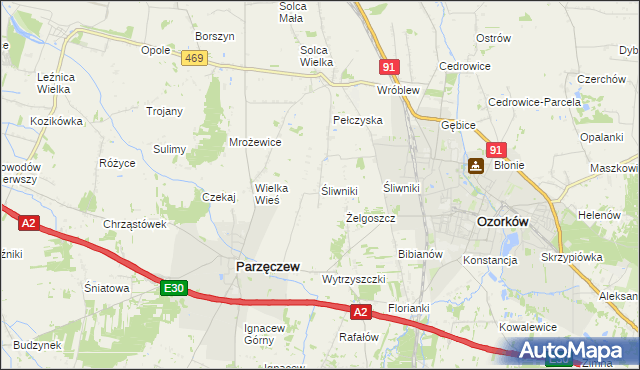 mapa Śliwniki gmina Parzęczew, Śliwniki gmina Parzęczew na mapie Targeo