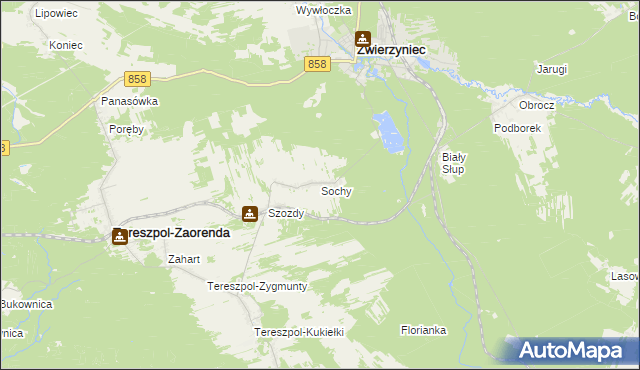 mapa Sochy gmina Zwierzyniec, Sochy gmina Zwierzyniec na mapie Targeo