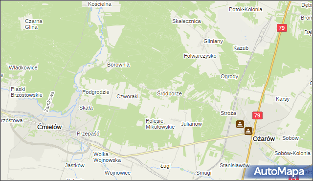 mapa Śródborze gmina Ożarów, Śródborze gmina Ożarów na mapie Targeo