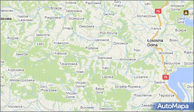 mapa Stańkowa gmina Łososina Dolna, Stańkowa gmina Łososina Dolna na mapie Targeo