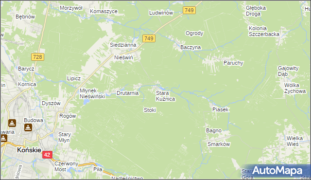 mapa Stara Kuźnica gmina Końskie, Stara Kuźnica gmina Końskie na mapie Targeo