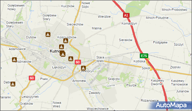 mapa Stara Wieś gmina Kutno, Stara Wieś gmina Kutno na mapie Targeo