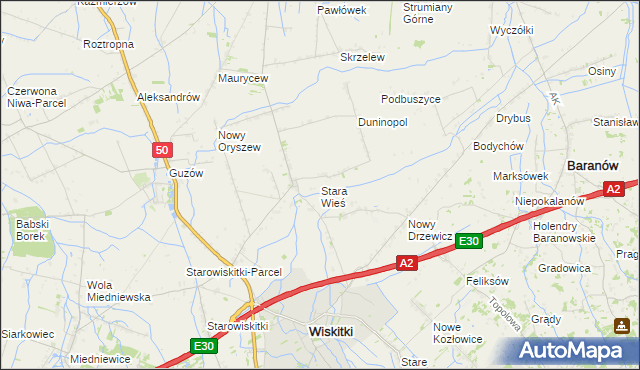 mapa Stara Wieś gmina Wiskitki, Stara Wieś gmina Wiskitki na mapie Targeo