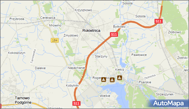 mapa Starzyny gmina Rokietnica, Starzyny gmina Rokietnica na mapie Targeo