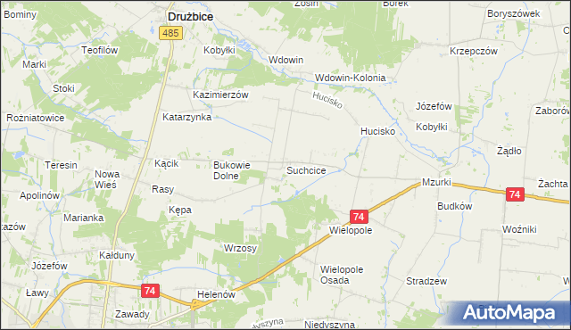 mapa Suchcice gmina Drużbice, Suchcice gmina Drużbice na mapie Targeo