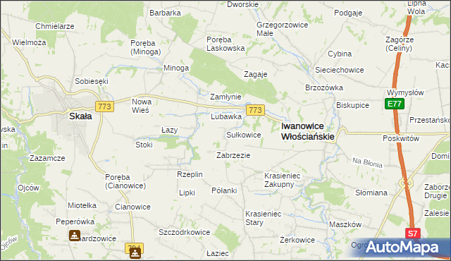 mapa Sułkowice gmina Iwanowice, Sułkowice gmina Iwanowice na mapie Targeo