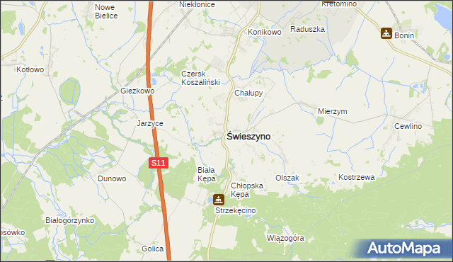 mapa Świeszyno powiat koszaliński, Świeszyno powiat koszaliński na mapie Targeo