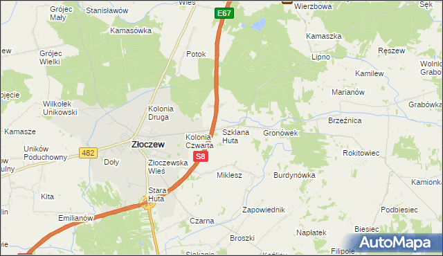 mapa Szklana Huta gmina Złoczew, Szklana Huta gmina Złoczew na mapie Targeo