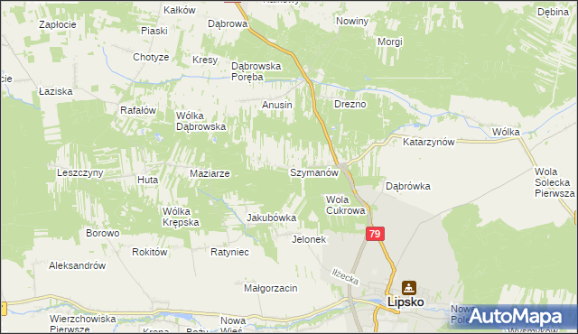 mapa Szymanów gmina Lipsko, Szymanów gmina Lipsko na mapie Targeo