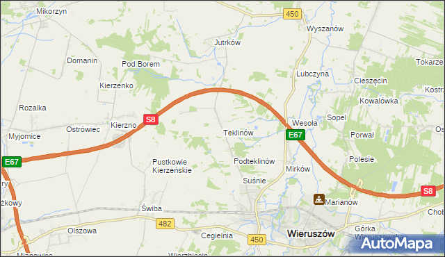 mapa Teklinów gmina Wieruszów, Teklinów gmina Wieruszów na mapie Targeo