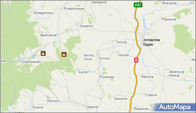 mapa Tomice gmina Jordanów Śląski, Tomice gmina Jordanów Śląski na mapie Targeo