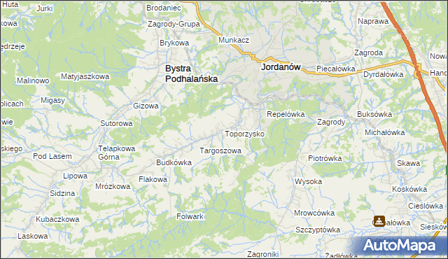 mapa Toporzysko gmina Jordanów, Toporzysko gmina Jordanów na mapie Targeo