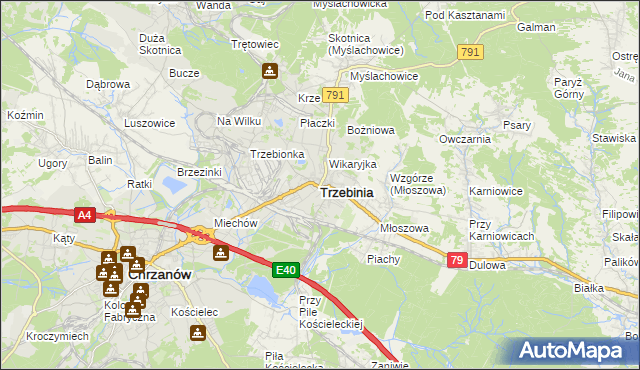 mapa Trzebinia powiat chrzanowski, Trzebinia powiat chrzanowski na mapie Targeo