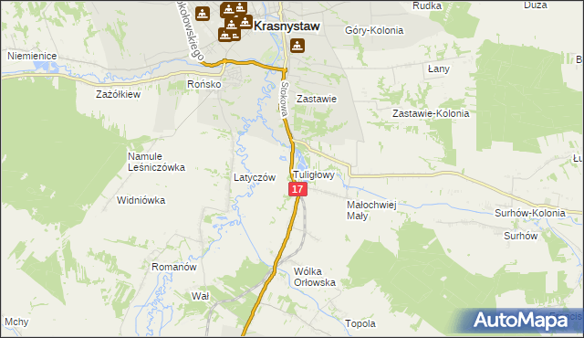 mapa Tuligłowy gmina Krasnystaw, Tuligłowy gmina Krasnystaw na mapie Targeo