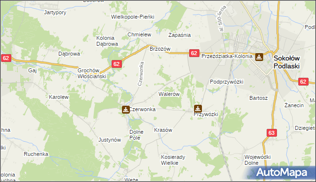 mapa Walerów gmina Sokołów Podlaski, Walerów gmina Sokołów Podlaski na mapie Targeo