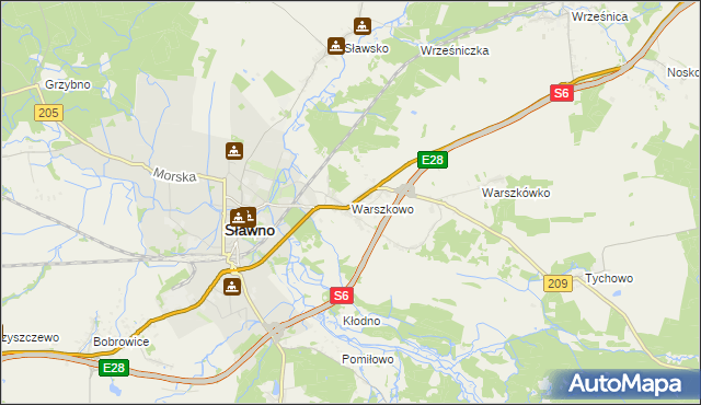 mapa Warszkowo gmina Sławno, Warszkowo gmina Sławno na mapie Targeo