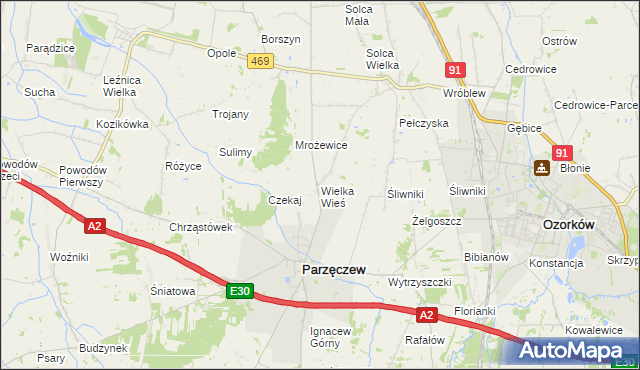 mapa Wielka Wieś gmina Parzęczew, Wielka Wieś gmina Parzęczew na mapie Targeo