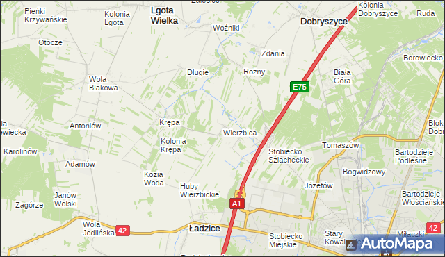 mapa Wierzbica gmina Ładzice, Wierzbica gmina Ładzice na mapie Targeo