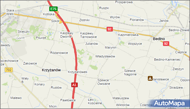 mapa Władysławów gmina Krzyżanów, Władysławów gmina Krzyżanów na mapie Targeo