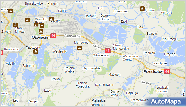 mapa Włosienica gmina Oświęcim, Włosienica gmina Oświęcim na mapie Targeo