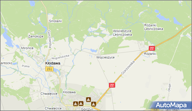 mapa Wojcieszyce gmina Kłodawa, Wojcieszyce gmina Kłodawa na mapie Targeo