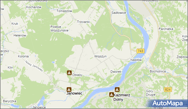 mapa Wojszyn gmina Janowiec, Wojszyn gmina Janowiec na mapie Targeo