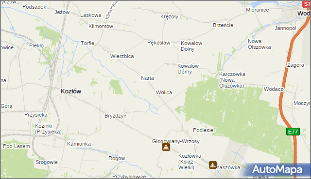 mapa Wolica gmina Kozłów, Wolica gmina Kozłów na mapie Targeo