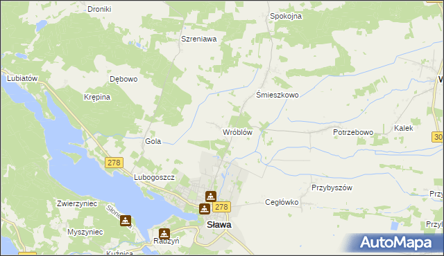 mapa Wróblów gmina Sława, Wróblów gmina Sława na mapie Targeo