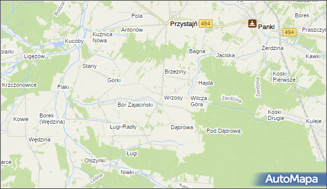 mapa Wrzosy gmina Przystajń, Wrzosy gmina Przystajń na mapie Targeo