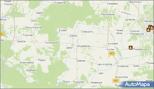 mapa Wygiełzów gmina Zelów, Wygiełzów gmina Zelów na mapie Targeo