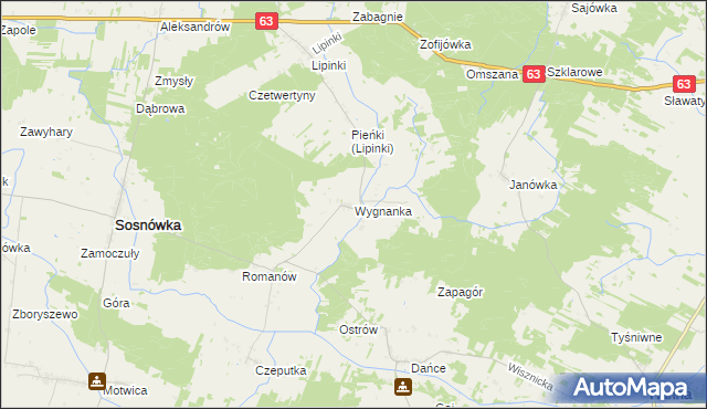 mapa Wygnanka gmina Sosnówka, Wygnanka gmina Sosnówka na mapie Targeo