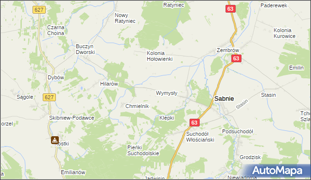 mapa Wymysły gmina Sabnie, Wymysły gmina Sabnie na mapie Targeo