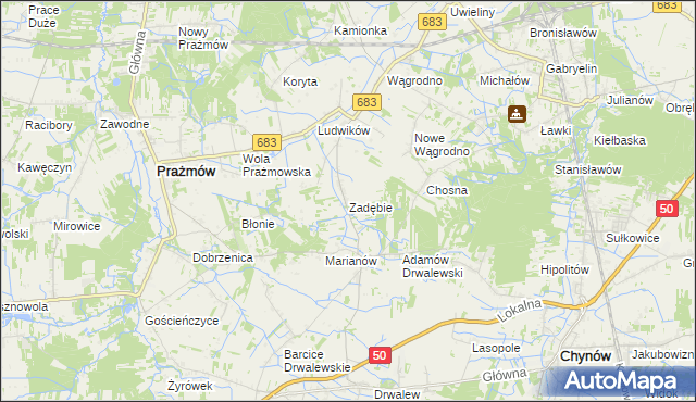 mapa Zadębie gmina Prażmów, Zadębie gmina Prażmów na mapie Targeo