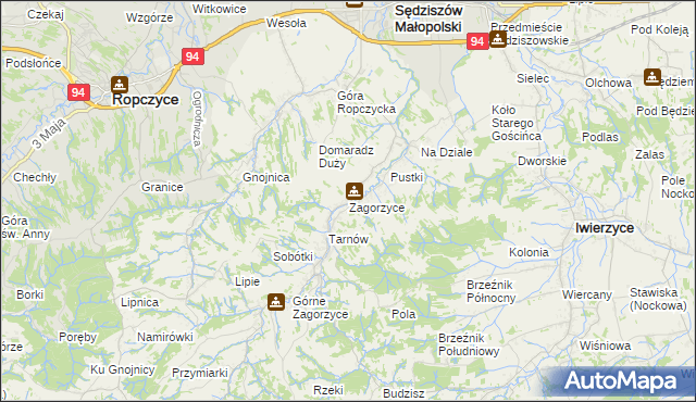 mapa Zagorzyce gmina Sędziszów Małopolski, Zagorzyce gmina Sędziszów Małopolski na mapie Targeo