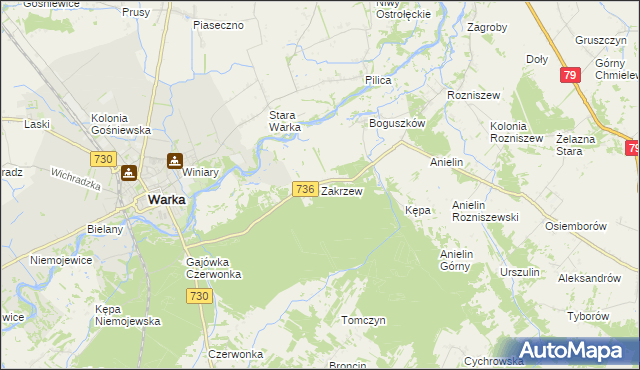 mapa Zakrzew gmina Grabów nad Pilicą, Zakrzew gmina Grabów nad Pilicą na mapie Targeo