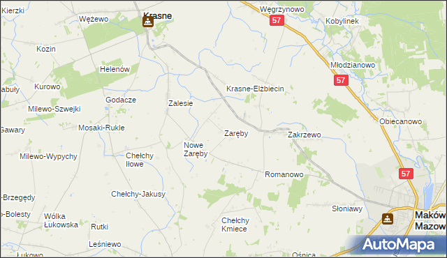 mapa Zaręby gmina Karniewo, Zaręby gmina Karniewo na mapie Targeo