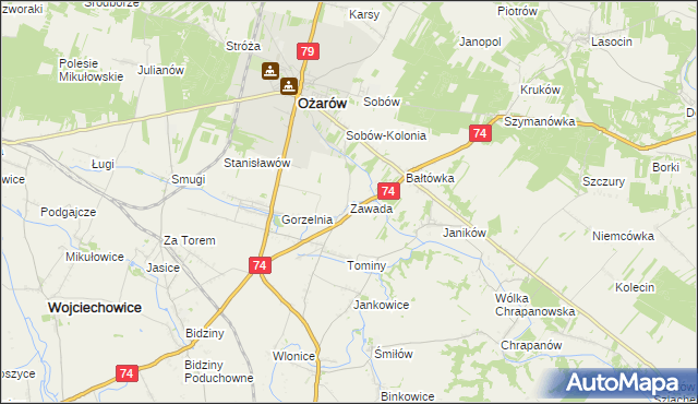 mapa Zawada gmina Ożarów, Zawada gmina Ożarów na mapie Targeo