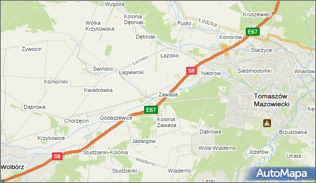 mapa Zawada gmina Tomaszów Mazowiecki, Zawada gmina Tomaszów Mazowiecki na mapie Targeo