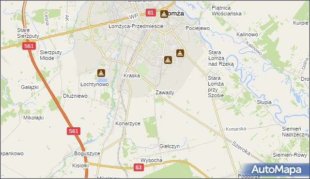 mapa Zawady gmina Łomża, Zawady gmina Łomża na mapie Targeo