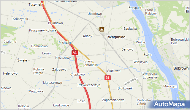 mapa Zbrachlin gmina Waganiec, Zbrachlin gmina Waganiec na mapie Targeo