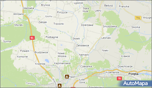 mapa Żelisławice gmina Siewierz, Żelisławice gmina Siewierz na mapie Targeo