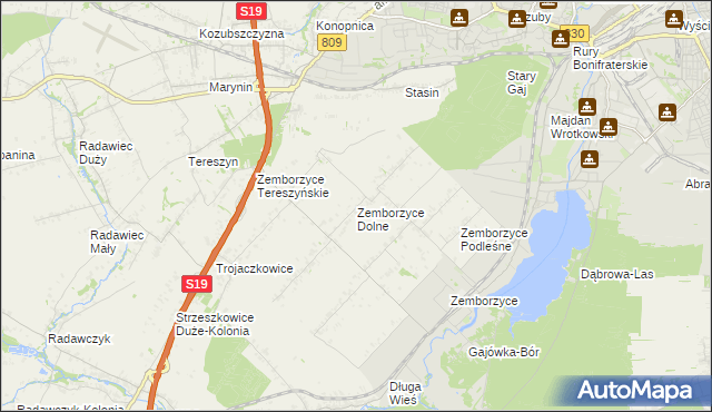 mapa Zemborzyce Dolne, Zemborzyce Dolne na mapie Targeo