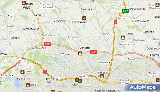 mapa Zielonki powiat krakowski, Zielonki powiat krakowski na mapie Targeo