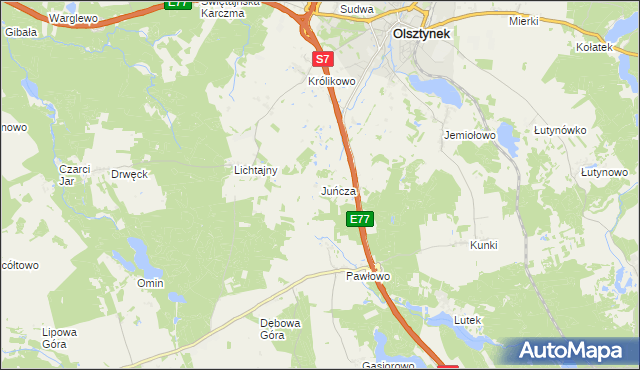 mapa Juńcza gmina Olsztynek, Juńcza gmina Olsztynek na mapie Targeo