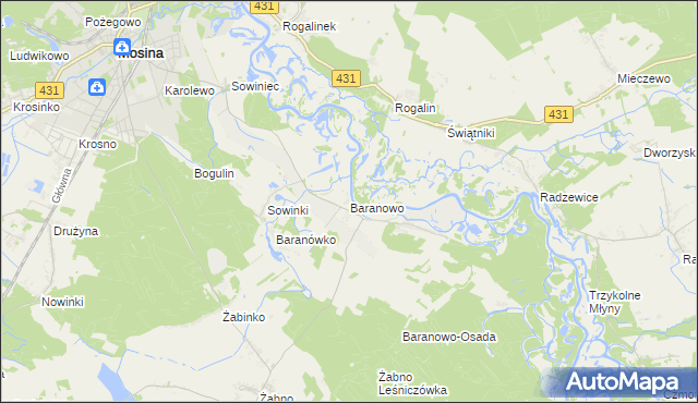 mapa Baranowo gmina Mosina, Baranowo gmina Mosina na mapie Targeo
