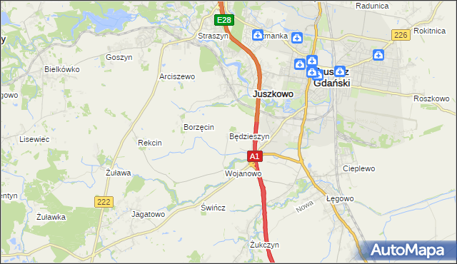 mapa Będzieszyn gmina Pruszcz Gdański, Będzieszyn gmina Pruszcz Gdański na mapie Targeo