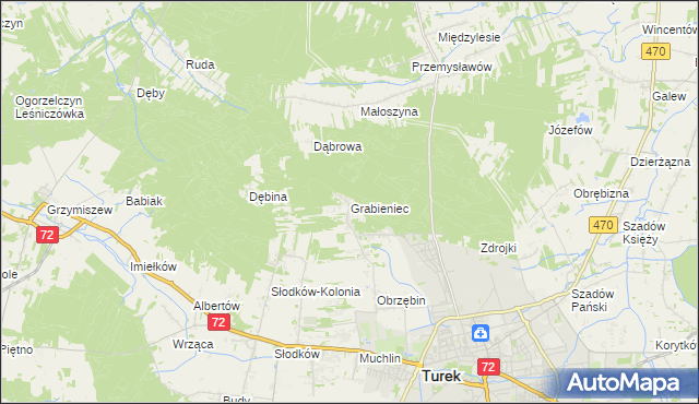mapa Grabieniec gmina Turek, Grabieniec gmina Turek na mapie Targeo