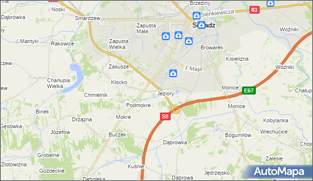 mapa Jeziory gmina Sieradz, Jeziory gmina Sieradz na mapie Targeo