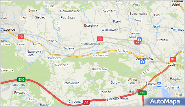mapa Kochanów gmina Zabierzów, Kochanów gmina Zabierzów na mapie Targeo